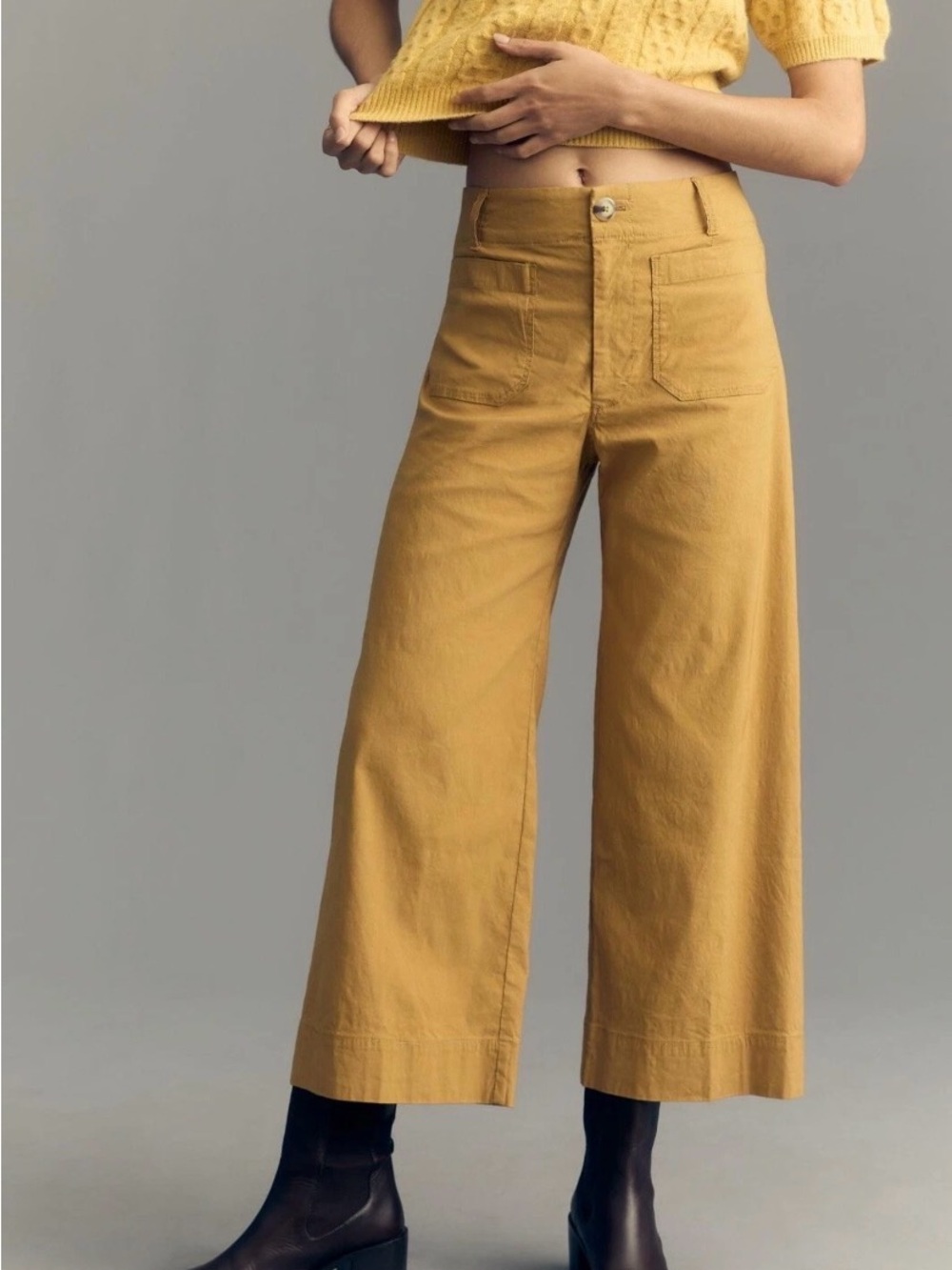 Anthropologie Maeve Colette Cropped Wide-Leg Magic Fabric Pants 29 Khaki / Gold